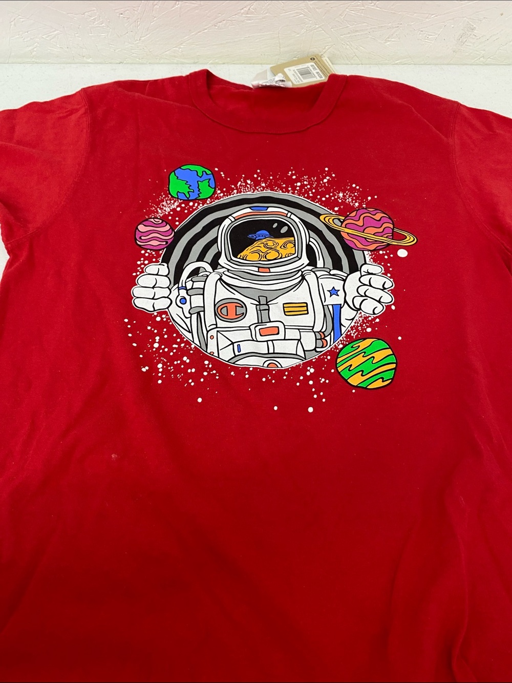 Red Graphic Astronaut Tee with Colorful Planets champion new with tags